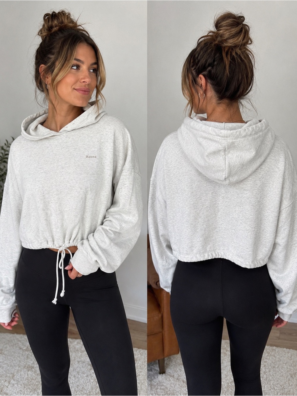 Roots Women’s XL Cropped Drawstring Hoodie Light Heather Grey